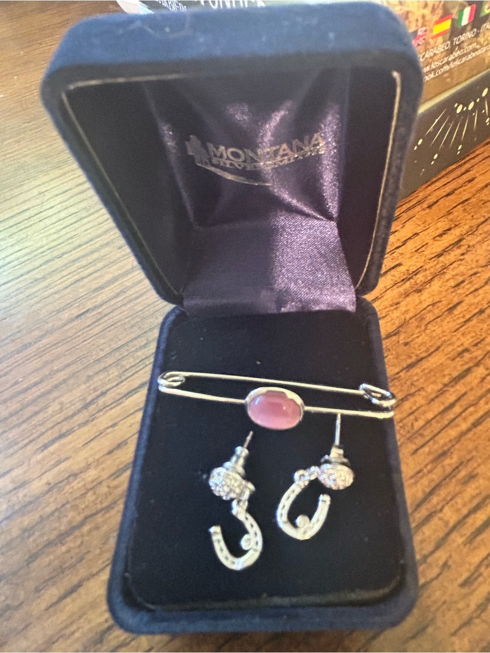 Sterling silver Pink Stone dressage Tie pin and Silver Horseshoe Earrings